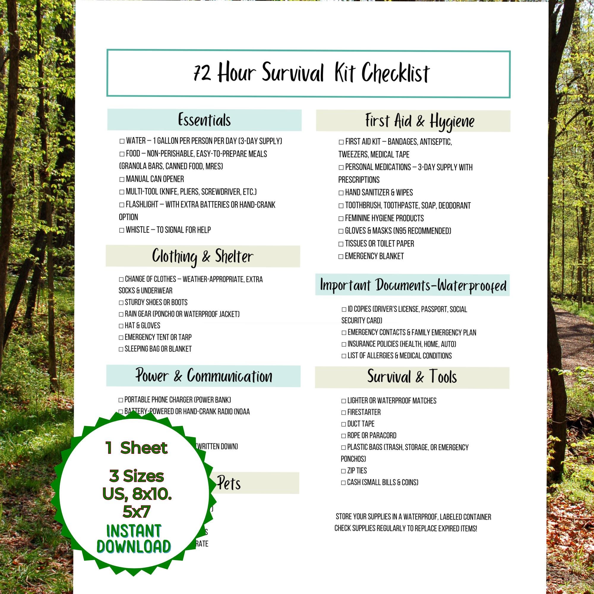 72 Hour Survival Kit Checklist Printable, Emergency Preparedness ...