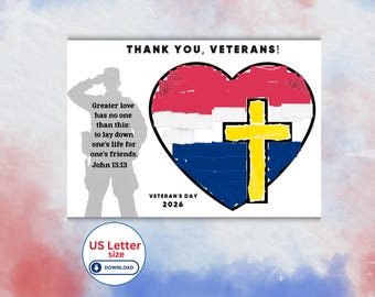 Könnte beinhalten: Eine rechteckige Grafik mit dem Text THANK YOU, VETERANS! und VETERAN'S DAY 2026. Sie zeigt die graue Silhouette eines salutierenden Soldaten, ein Herz mit roten, weißen und blauen Streifen sowie ein gelbes Kreuz. Der Text enthält John 15:13.