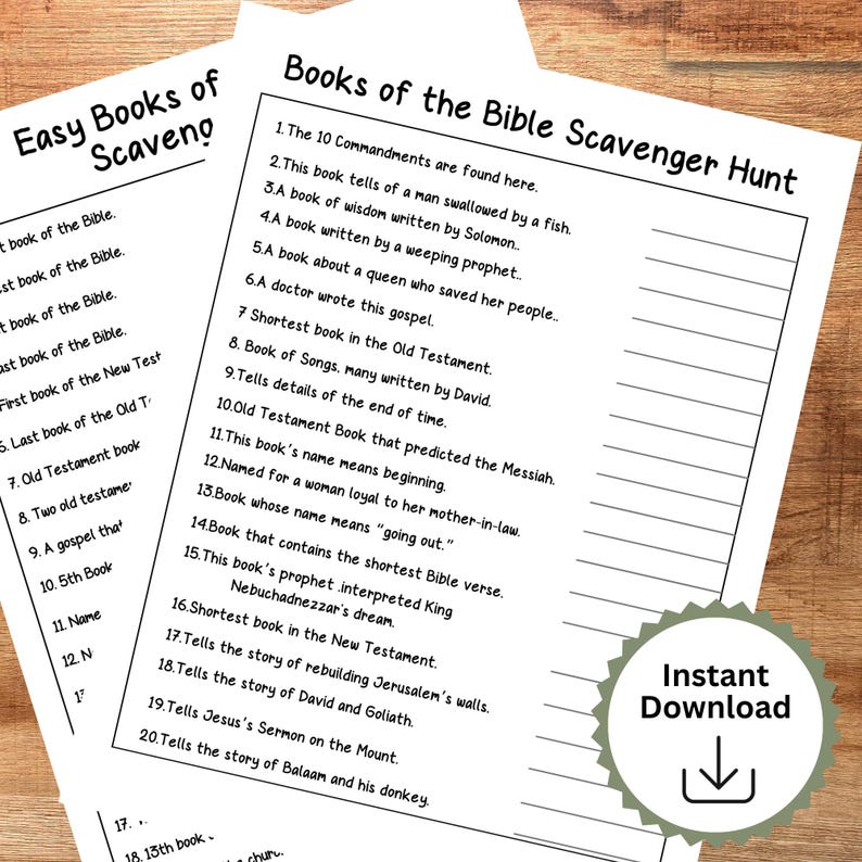 Books of the Bible Scavenger Hunt Printable Set, Sunday School Activity ...
