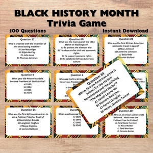100 carte di quiz sulla storia dei neri, gioco di quiz sul mese della storia dei neri per bambini stampabile, attività sul mese della storia dei neri, + foglio da colorare bonus