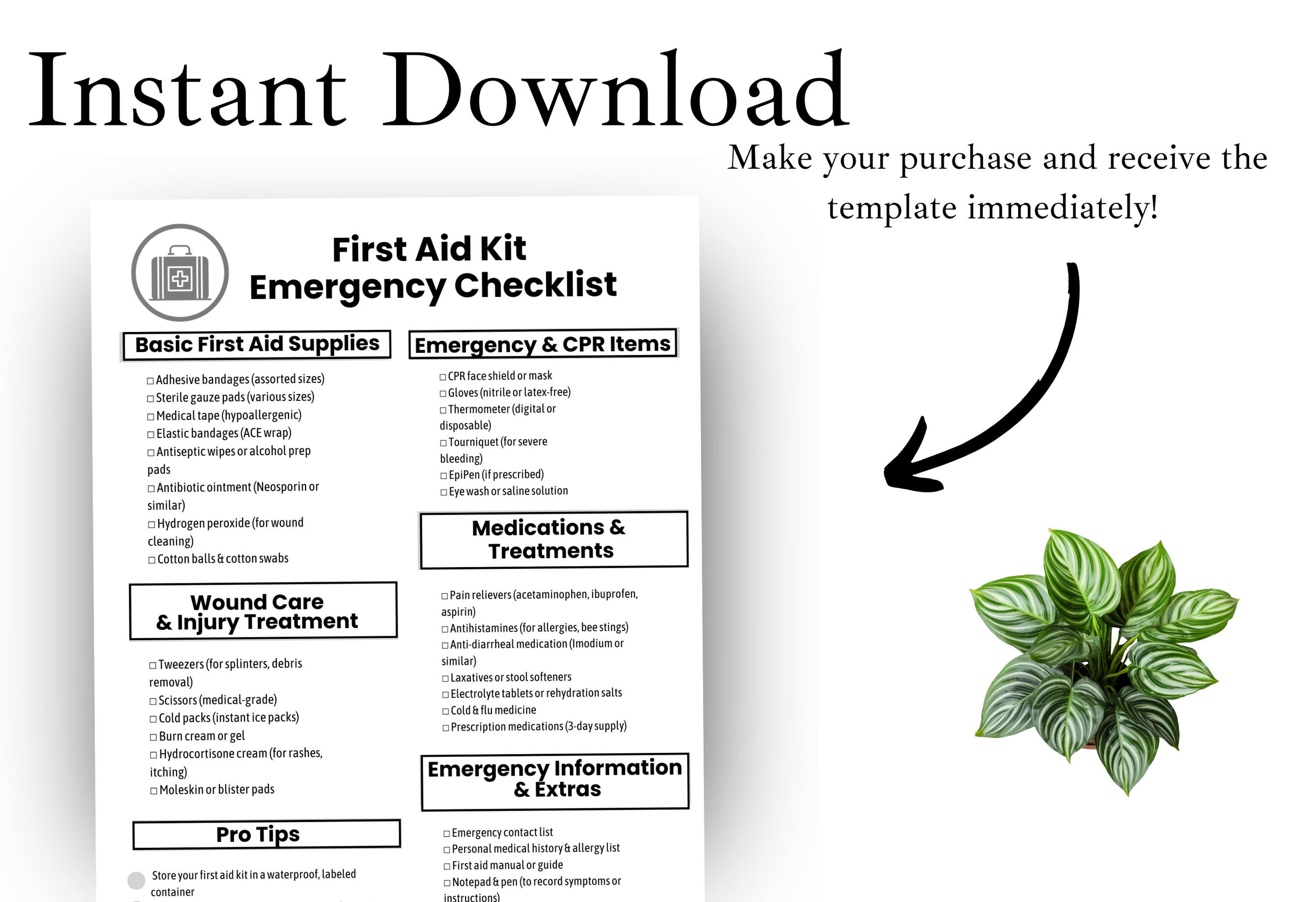 Emergency First Aid Kit Checklist Printable, Home, Car & Travel Medical ...