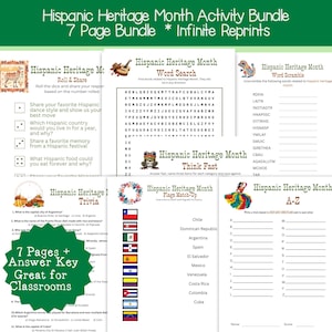 Hispanic Heritage Month Kids Activities Bundle Printable, 7 Pages, Plus Bonus, Hispanic Heritage Month Activities for Elementary