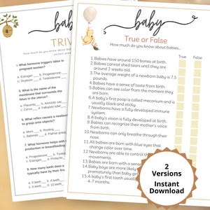 2 Printable Winnie the Pooh Baby Shower Trivia Games, Baby Trivia Games,  True or False Baby Shower Game, Baby Facts Game