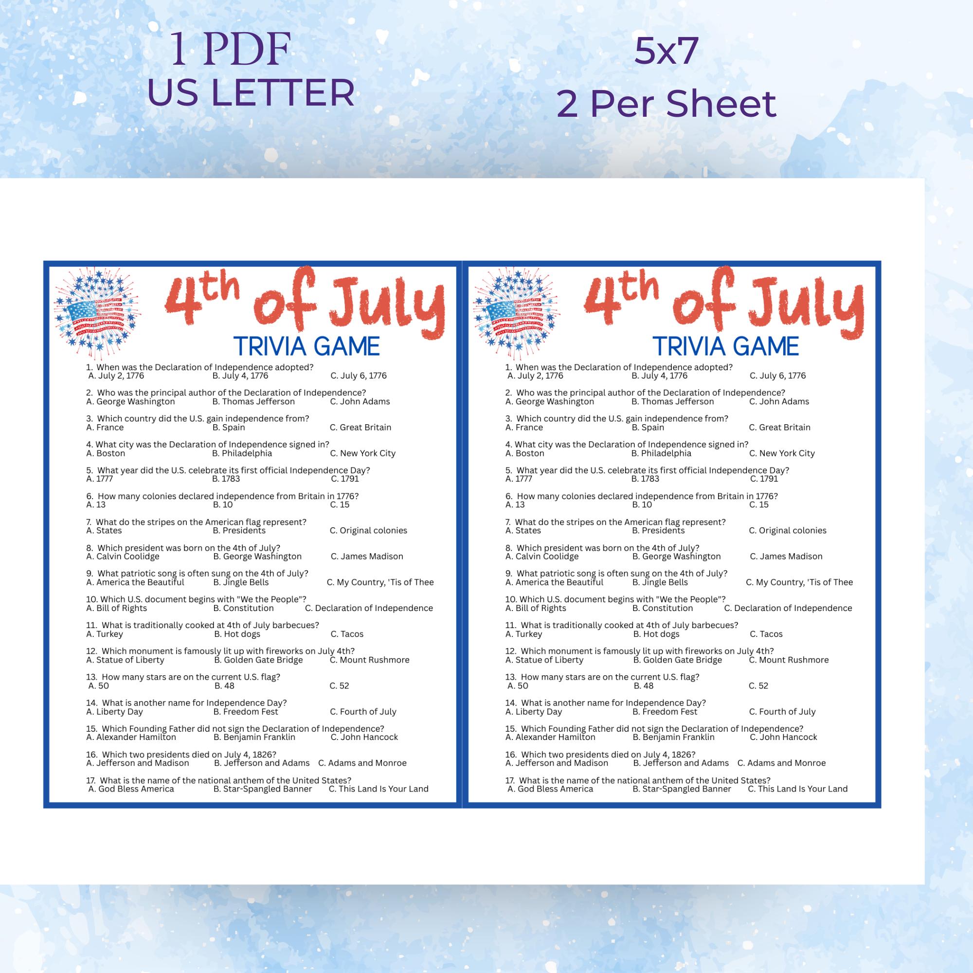 4th of July Trivia Game Printable, Independence Day Games, 4th of July ...