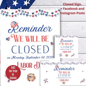 Editable We Will Be Closed Labor Day Sign Template, Printable Business Closed For Holiday Sign, Labor Day 2025 Store Closed Sign Bundle