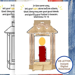 Lanterna di carta strappata "Lascia che la tua luce brilli" stampabile, lavoretto per la scuola domenicale, lavoretto per la scuola biblica estiva, lavoretti con versetti della Bibbia per bambini