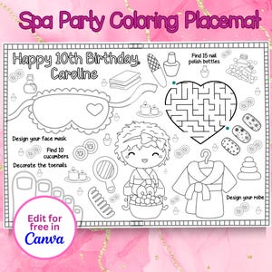 Set de table modifiable à colorier pour fête au spa, tapis d&#39;activités pour anniversaire de spa, feuille d&#39;activités pour fête de spa pour préados, jeux de fête au spa,