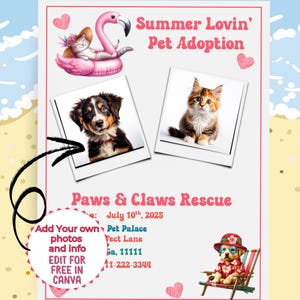 Editable Summer Pet Adoption Event Flyer Template, Adopt a Pet Event Flyer,  Dog Adoption Flyer, Cat Adoption Flyer, Animal Adoption Event