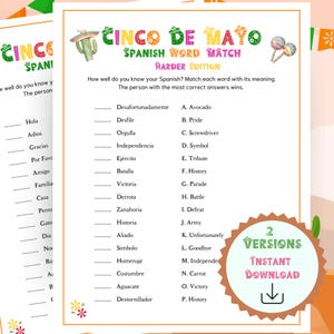 2 imprimibles del juego de combinación de palabras del Cinco de Mayo (versión fácil y difícil), juego de fiesta del Cinco de Mayo, actividad para el aula, actividad para la educación en casa
