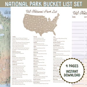 National Parks Bucket List Set Printable, 4 Pages, US National Parks Checklist with Map, National Parks Road Trip Log, National Park Tracker