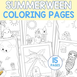 Summerween Coloring Bundle, 15 Summerween Coloring Sheets,  Summer Spooky Cute Coloring Pages, Halloween Summer Coloring for kids