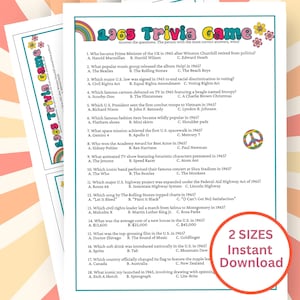 Gioco a quiz stampabile del 1965, giochi per feste di compleanno del 60°, gioco di curiosità sui nati nel 1965, gioco a quiz per la 50° riunione di liceo, ritorno al 1965