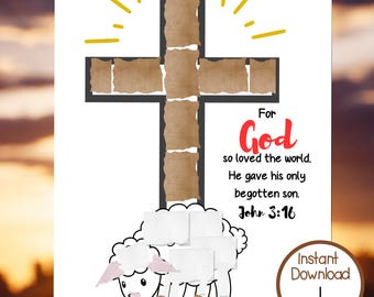Bible Torn Paper Craft Printable, John 3:16 Bible Verse Activity, Sunday School Craft Activity, Easy VBS Craft, Kids Christian Art Activity