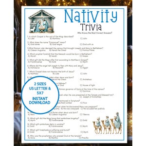 Puede incluir: Un juego de trivia imprimible sobre la Natividad con preguntas sobre el nacimiento de Jesús. El diseño presenta un borde azul, una ilustración de la escena del pesebre y el texto "Nativity Trivia". Incluye opciones para tamaños US Letter y 5x7.