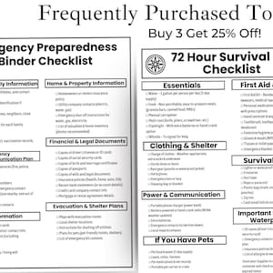 以下が含まれることがあります： 「Emergency Preparedness Binder Checklist」と「72 Hour Survival Kit Checklist」というタイトルの2つのチェックリスト。必須アイテムのリストが記載されています。チェックリストは白地に黒文字で、緊急時の準備に役立つように設計されています。