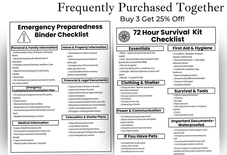 以下が含まれることがあります： 「Emergency Preparedness Binder Checklist」と「72 Hour Survival Kit Checklist」というタイトルの2つのチェックリスト。必須アイテムのリストが記載されています。チェックリストは白地に黒文字で、緊急時の準備に役立つように設計されています。