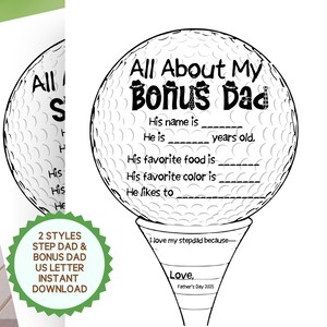 Imprimable tout sur ma carte bonus papa, Tout sur mon beau-père à colorier, carte de golf pour la fête des pères, bricolage cadeau pour enfant, activité pour la fête des pères