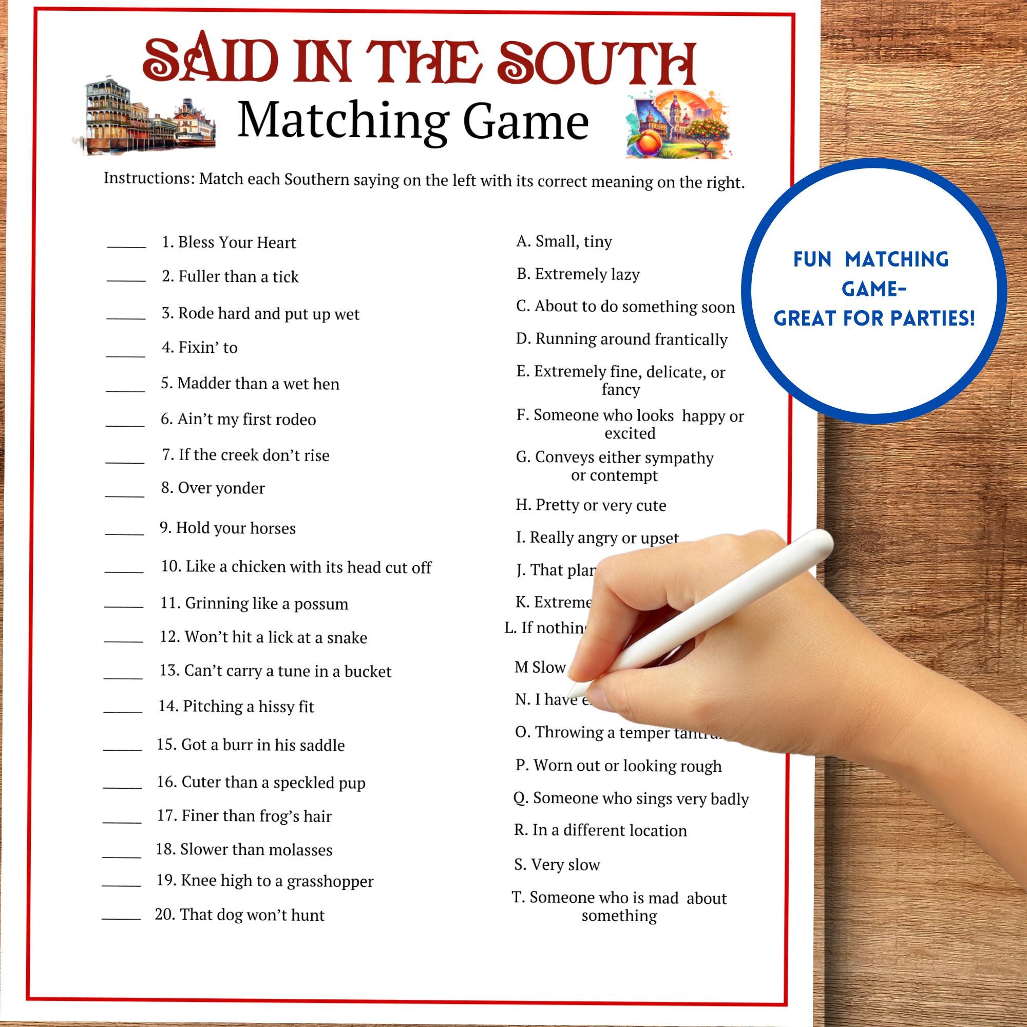 Southern Trivia Said in the South Southern Sayings Matching Game Printable, Funny ...