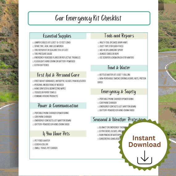 Car Emergency Kit Checklist Printable, Vehicle Emergency Kit Checklist, Truck Emergency Kit Checklist, Car Survival Kit List,