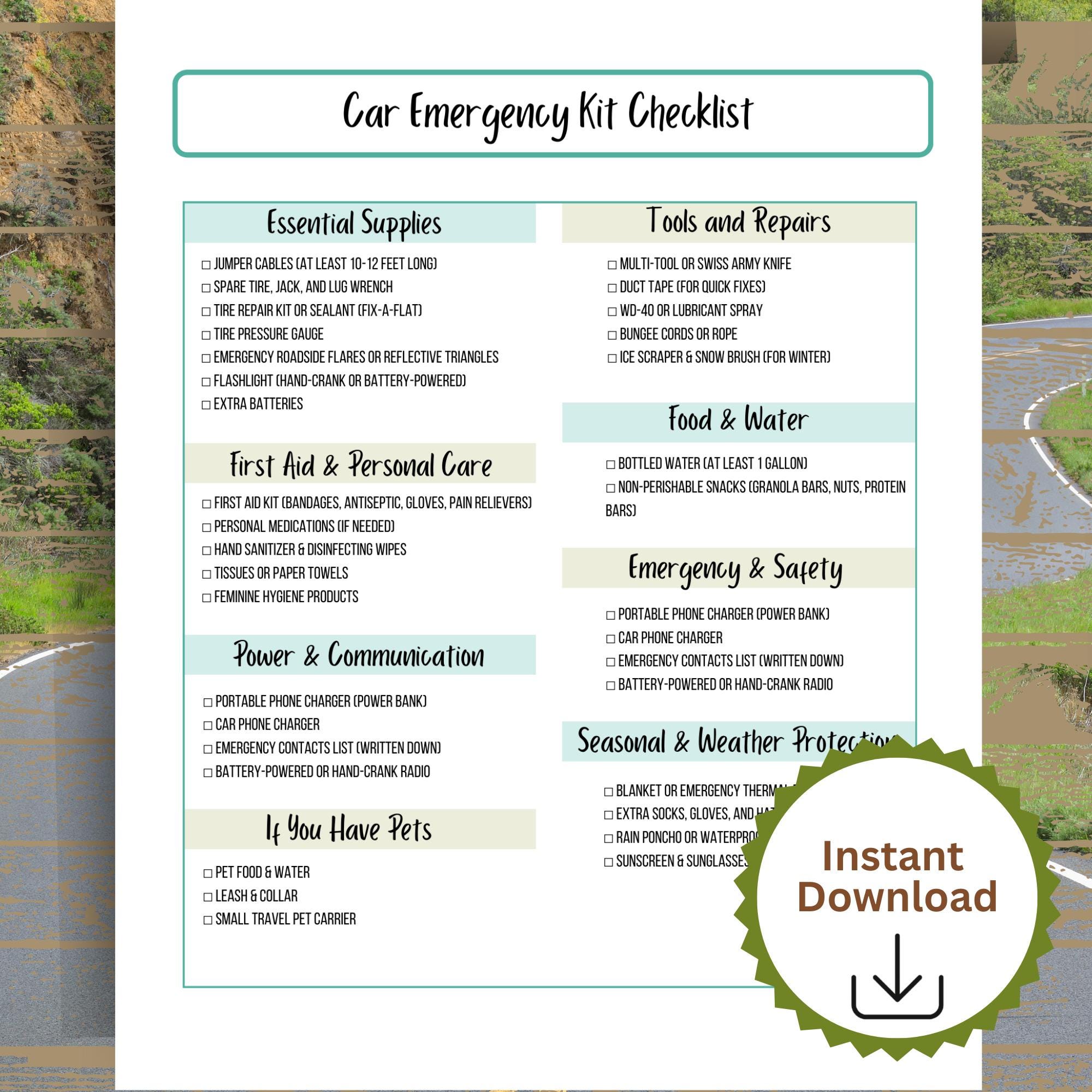 Car Emergency Kit Checklist Printable, Vehicle Emergency Kit Checklist ...