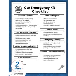 May include: A white checklist titled "Car Emergency Kit Checklist" with a car icon at the top. The list includes essential supplies, tools, first aid, food, and safety items. It also has a section for pets and indicates two sizes are available.