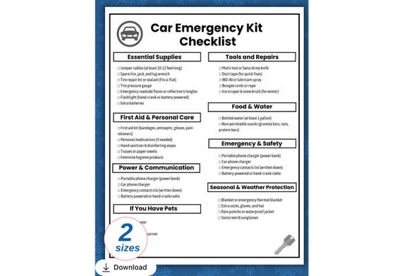 Car Emergency Kit List Printable, Vehicle Emergency Kit Checklist Template, Road Trip Emergency Kit Checklist, Car Safety Kit DIY Template
