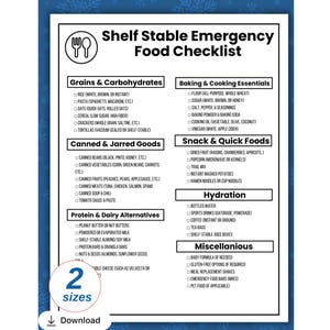 Könnte beinhalten: Eine schwarz-weiße Checkliste mit dem Titel "Haltbare Notfall-Lebensmittel-Checkliste" mit Kategorien wie Getreide, Konserven und Snacks. Enthält eine Option "2 Größen" zum Herunterladen.