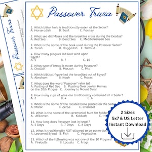Passover Trivia Game Printable,  Passover Holiday Party Game, Passover Activity for Kids, Families, Seder Night Party Game