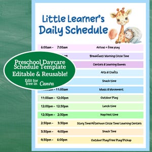 Editable Daily Preschool Template Printable, Editable Daycare Schedule, Editable Preschool Schedule, Daycare Schedule Template, S1