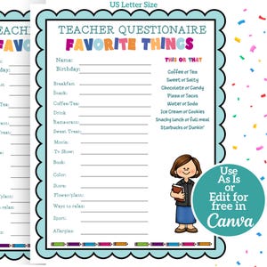 Editable Get to Know the Teacher Template Printable, Teacher Appreciation Questionnaire, Teachers Favorite Things Questionnaire,