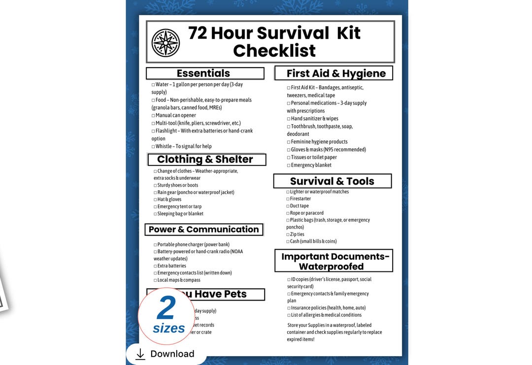 72 Hour Survival Kit Checklist Printable, Emergency Go Bag Checklist ...
