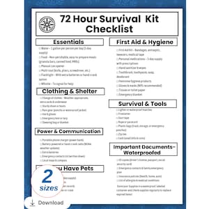 May include: A 72-Hour Survival Kit Checklist, featuring a detailed list of essentials, first aid, survival tools, and important documents. The checklist includes items like water, food, clothing, and communication tools. The image also shows the option to download the checklist in two sizes.