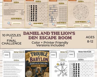 ダニエルとライオンの穴脱出ゲーム、子供向け聖書ミステリーアクティビティ、キリスト教印刷可能脱出ゲーム、日曜学校VBSゲーム