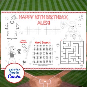 Editable Baseball Birthday Placemat Printable, Baseball Party Games, Baseball Party Favors, Baseball Coloring Sheet, Activity Tablemat
