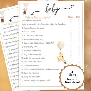 Op de afbeelding: Een printbaar babyshower-spel met een Winnie de Poeh-thema. Het spel vraagt ​​gasten om te raden wie het meest waarschijnlijk de hands-on ouder is, midden in de nacht opstaat als de baby huilt, de meeste luiers verschoont, en meer. Het spel bevat een lijst met 17 vragen en twee kolommen voor mama en papa om hun antwoorden te omcirkelen.