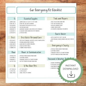 K&ouml;nnte beinhalten: Eine druckbare Checkliste f&uuml;r ein Auto-Notfallset. Die Checkliste ist in Kategorien unterteilt: Notwendigkeiten, Erste Hilfe, Strom & Kommunikation, Essen & Trinken, Notfall & Sicherheit, Saisonal & Wetter und Wenn Sie Haustiere haben. Die Checkliste enth&auml;lt Artikel wie Starthilfekabel, ein Reserverad, ein Erste-Hilfe-Set, eine Taschenlampe, ein Ladeger&auml;t f&uuml;r das Telefon, Wasser in Flaschen, nicht verderbliche Snacks, eine Decke und Tierfutter.