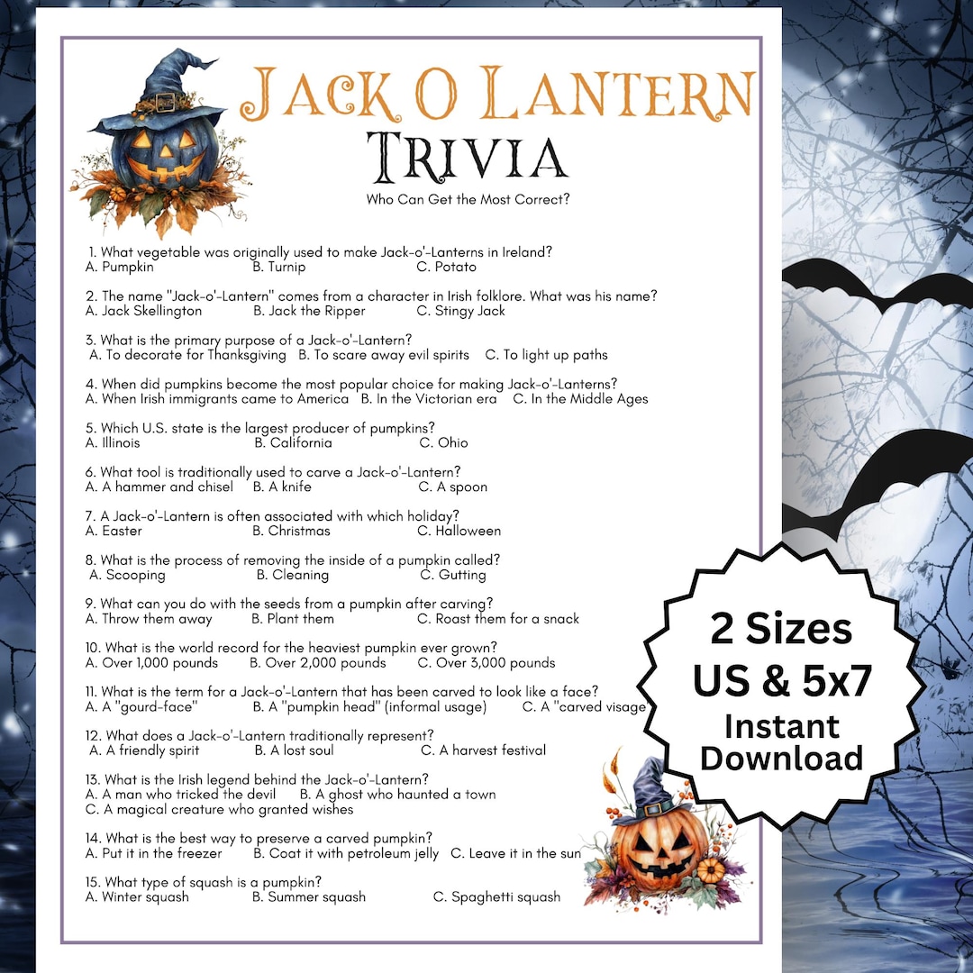 Jack O Lantern Trivia Game Printable, Halloween Party Game