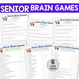 Senior Brain Games afdrukbaar, Senior Mind Games, Senior Brain Teasers, 6 games, dementiegames voor senioren, Senior Center Games,