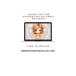 K&ouml;nnte beinhalten: Ein Laptop-Bildschirm zeigt eine Cartoon-Illustration einer Biene mit Fl&uuml;geln und einem gelben Kleid. Der Text "BEE BUSY" befindet sich auf dem Bildschirm. Der Text "THANK YOU FOR SUPPORTING MY SMALL BUSINESS" befindet sich &uuml;ber dem Laptop und der Text "FIND US ONLINE BEEBUSYPRINTABLES.ETSY.COM" befindet sich unter dem Laptop.