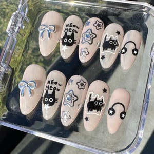 Cute Black Cat Press On Nails with Silver Chrome Accents