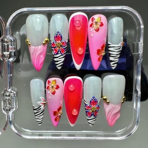 Tropical Pink Ombre SIZE MEDIUM 3D Floral Press On Nails with Zebra Print Design and Gold Accents Perfect For Vacation Spring/Summer Nails