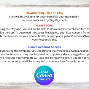 Puede incluir: Texto sobre un fondo blanco que explica c&oacute;mo descargar los archivos comprados en Etsy y c&oacute;mo acceder a una plantilla de Canva. El texto incluye las palabras "Descarga de archivos en Etsy", "TENGA EN CUENTA", "Acceso a la cuenta de Canva" y "PLANTILLA Canva F&Aacute;CIL".