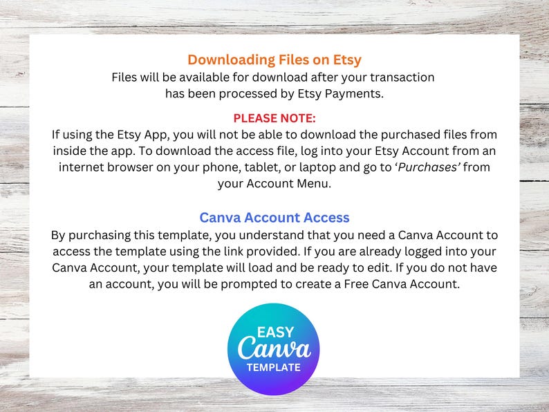 Puede incluir: Texto sobre un fondo blanco que explica c&oacute;mo descargar los archivos comprados en Etsy y c&oacute;mo acceder a una plantilla de Canva. El texto incluye las palabras "Descarga de archivos en Etsy", "TENGA EN CUENTA", "Acceso a la cuenta de Canva" y "PLANTILLA Canva F&Aacute;CIL".