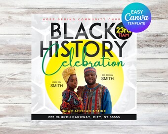 Folleto de servicio de historia afroamericana / Descarga digital / Mes de la historia afroamericana / Redes sociales / Folleto de servicio religioso / Redes sociales / Canva / Editable