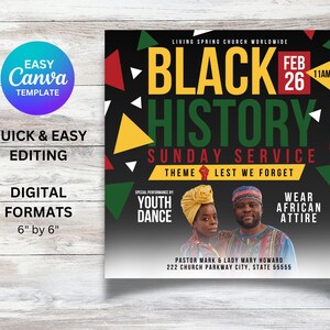 Puede incluir: Folleto del Servicio Dominical de Historia Negra con fondo negro y formas geom&eacute;tricas coloridas. El folleto presenta el texto "Black History Sunday Service" con la fecha "Feb 26" y la hora "11AM". El folleto tambi&eacute;n incluye el tema "Lest We Forget" y una actuaci&oacute;n especial de Youth Dance. El folleto es para Living Spring Church Worldwide.
