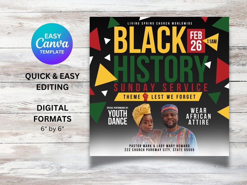 Puede incluir: Folleto del Servicio Dominical de Historia Negra con fondo negro y formas geom&eacute;tricas coloridas. El folleto presenta el texto "Black History Sunday Service" con la fecha "Feb 26" y la hora "11AM". El folleto tambi&eacute;n incluye el tema "Lest We Forget" y una actuaci&oacute;n especial de Youth Dance. El folleto es para Living Spring Church Worldwide.