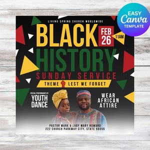 Puede incluir: Un folleto para un servicio religioso dominical sobre la historia negra, con un esquema de colores negro, verde, rojo y amarillo. El folleto incluye el texto "Black History" y "Sunday Service" en letras grandes y en negrita. El folleto tambi&eacute;n incluye la fecha "Feb 26" y la hora "11AM".