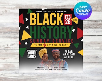 Folleto del servicio dominical del Mes de la Historia Afroamericana: Plantilla para redes sociales de la iglesia (Descarga digital editable en Canva)