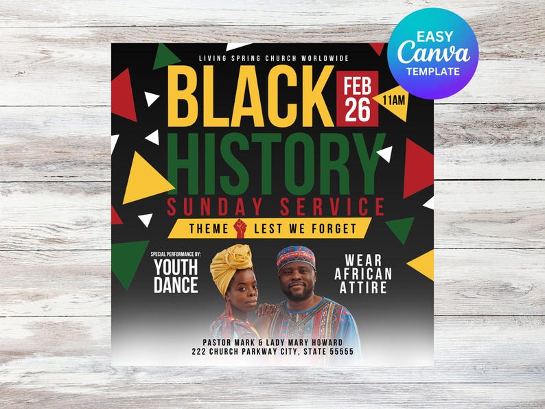 Puede incluir: Un folleto para un servicio religioso dominical sobre la historia negra, con un esquema de colores negro, verde, rojo y amarillo. El folleto incluye el texto "Black History" y "Sunday Service" en letras grandes y en negrita. El folleto tambi&eacute;n incluye la fecha "Feb 26" y la hora "11AM".