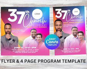 Plantilla de volante y programa para aniversario de iglesia: Diseño editable en Canva (descarga digital)